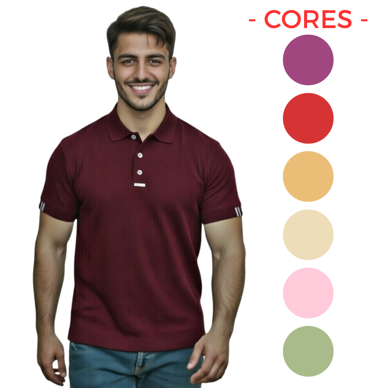 Camiseta Gola Polo Fita Manga Vermelho Bordô - Imagem 9
