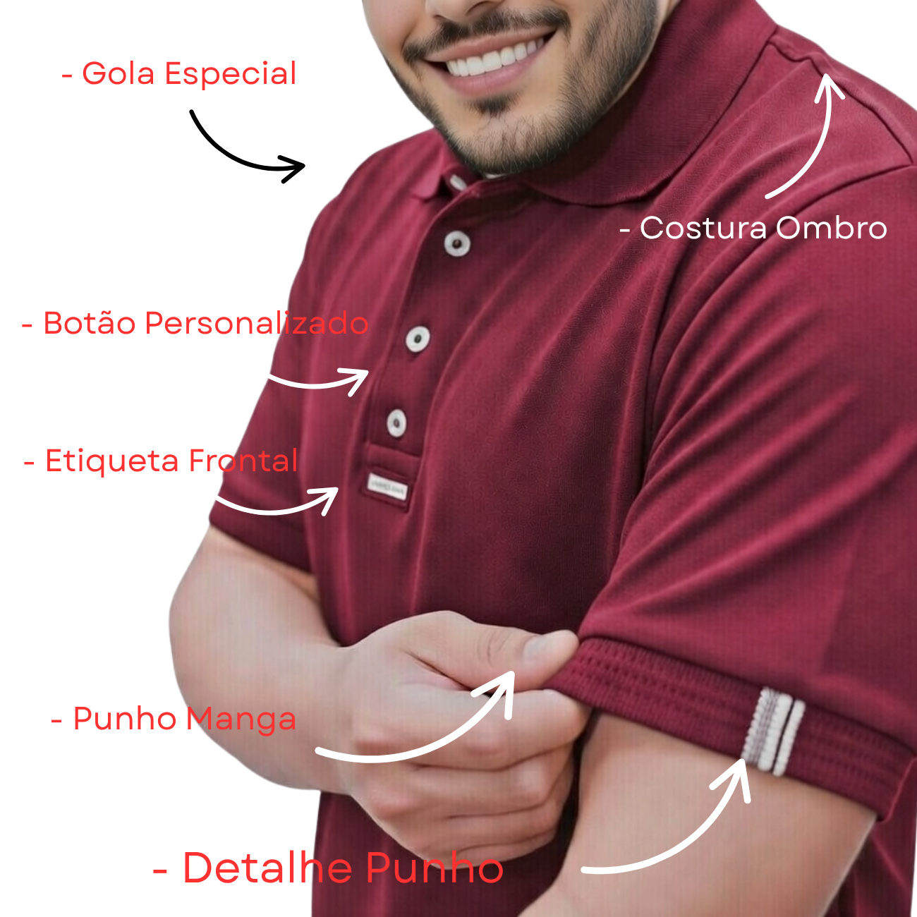 Camiseta Gola Polo Fita Manga Vermelho Bordô - Imagem 4