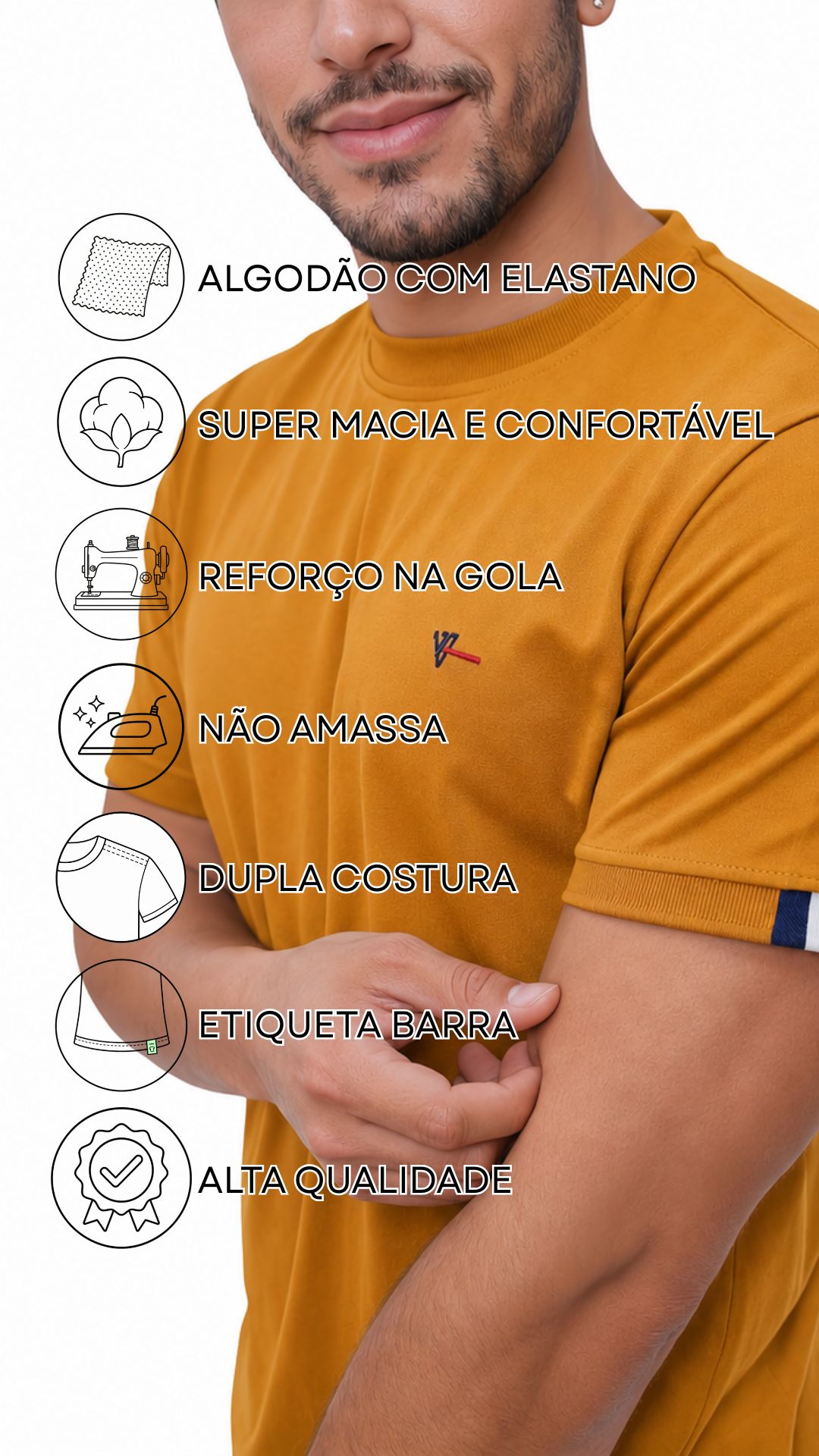 Camiseta Ocre Gola Redonda com Detalhe na Manga - Imagem 5