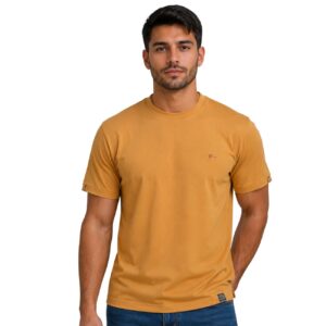 Camiseta Ocre Gola Redonda com Detalhe na Manga