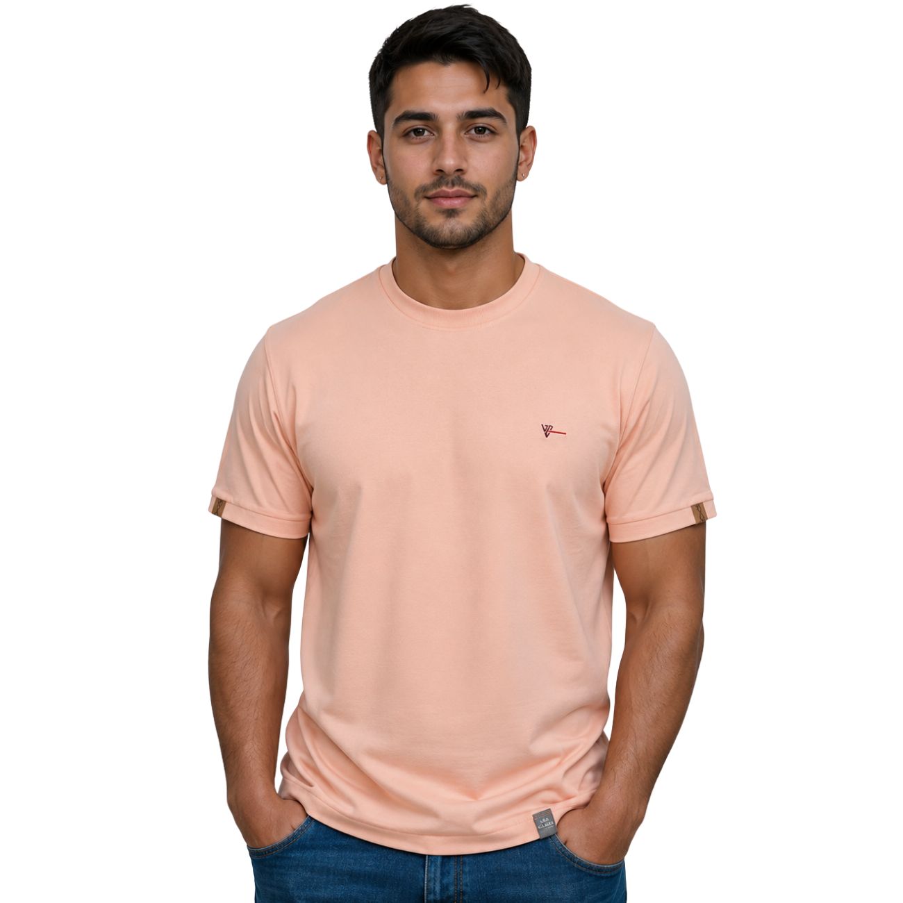 Camiseta Rosa Gola Redonda com Detalhe na Manga