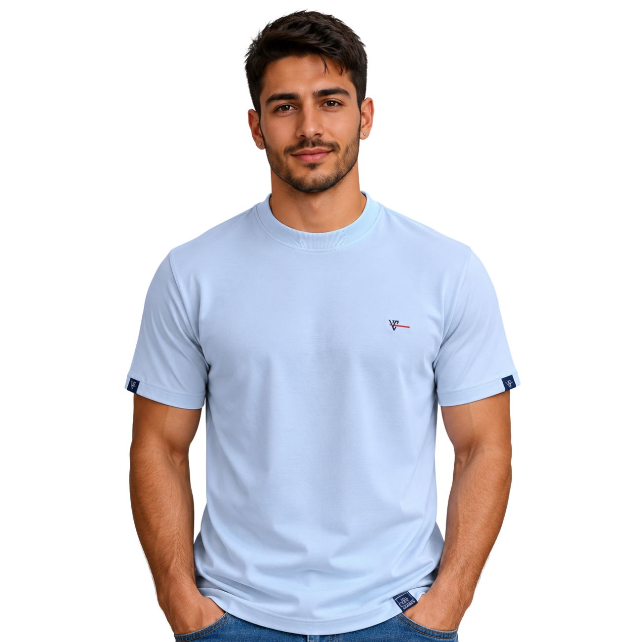 Camiseta Azul Gola Redonda com Detalhe na Manga