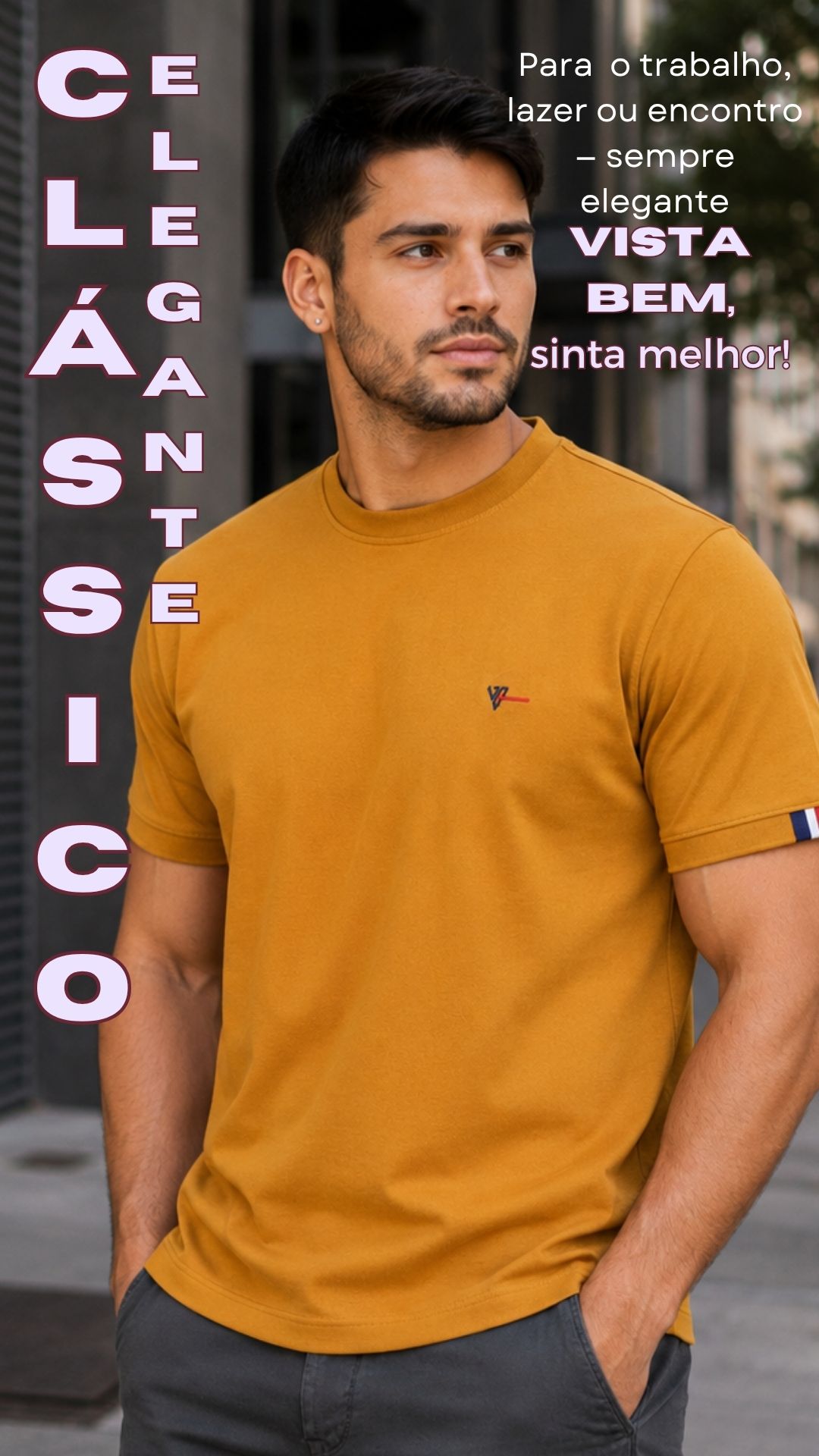 Camiseta Ocre Gola Redonda com Detalhe na Manga - Imagem 2